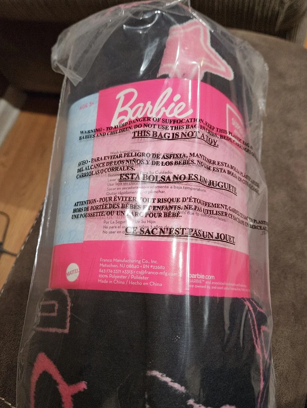 Barbie Black, White & Pink Palm Print Plush Throw
